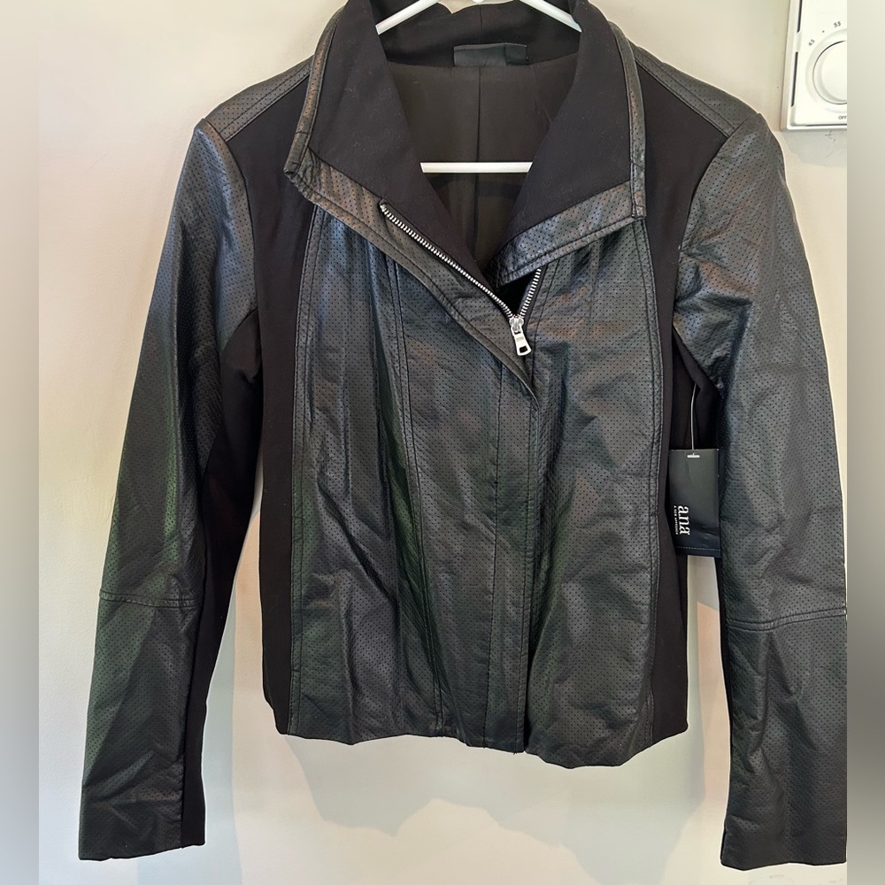 NWT ANA Black Faux Leather Biker Jacket Women’s Size Small A New Approach